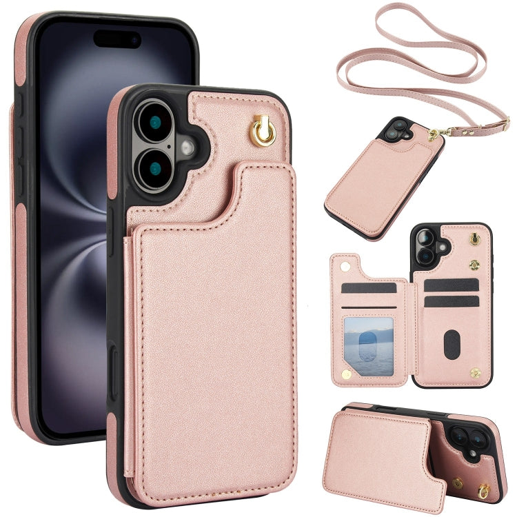 Crossbody Dual-Buckle Wallet Back Leather Phone Case, For iPhone 16 Pro Max, For iPhone 16 Pro, For iPhone 16 Plus, For iPhone 16