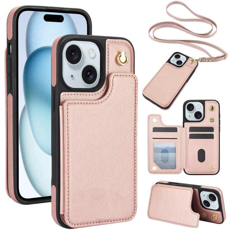 Crossbody Dual-Buckle Wallet Back Leather Phone Case, For iPhone 15 Pro Max, For iPhone 15 Pro, For iPhone 15 Plus, For iPhone 15