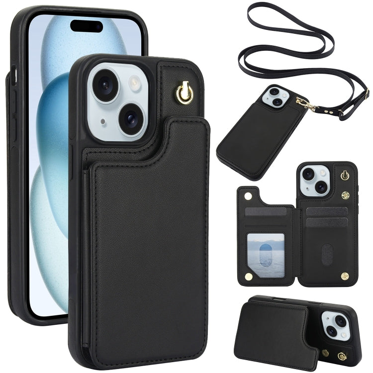 Crossbody Dual-Buckle Wallet Back Leather Phone Case, For iPhone 15 Pro Max, For iPhone 15 Pro, For iPhone 15 Plus, For iPhone 15