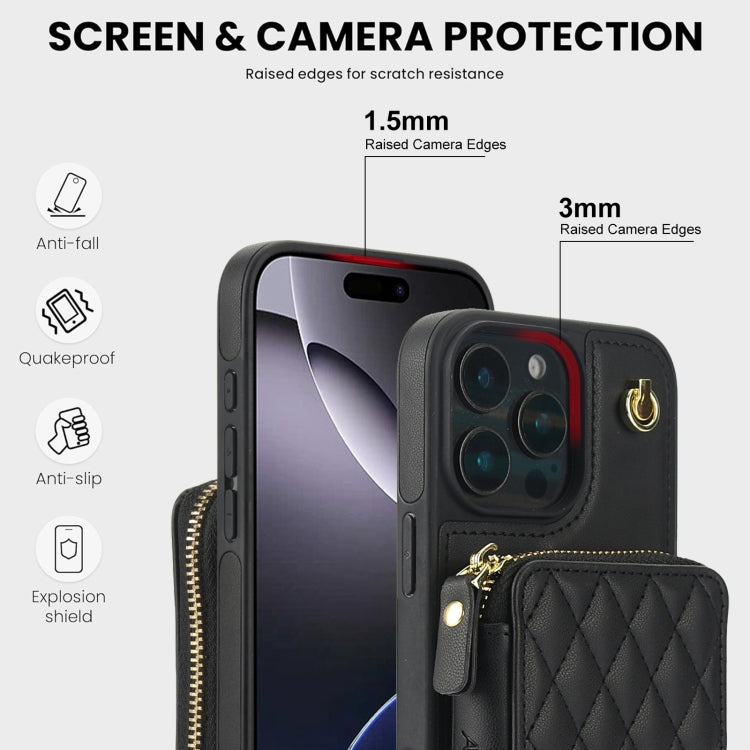 AwQuer Crossbody Zipper Wallet Rhombic Leather Back Phone Case, For iPhone 16 Pro Max, For iPhone 16 Pro, For iPhone 16 Plus