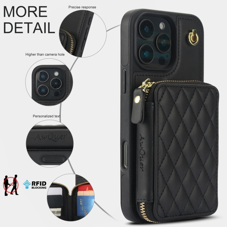 AwQuer Crossbody Zipper Wallet Rhombic Leather Back Phone Case, For iPhone 16 Pro Max, For iPhone 16 Pro, For iPhone 16 Plus
