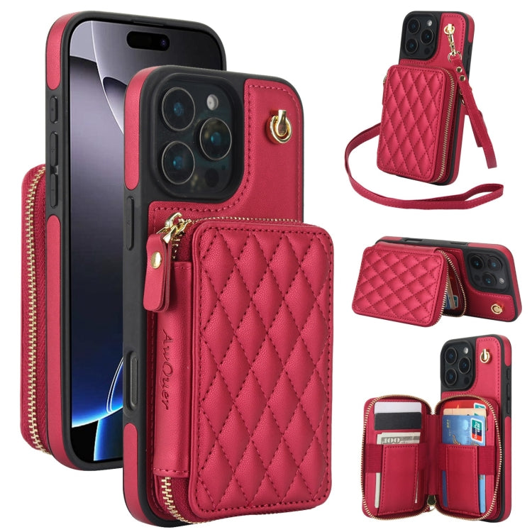 AwQuer Crossbody Zipper Wallet Rhombic Leather Back Phone Case, For iPhone 16 Pro Max, For iPhone 16 Pro, For iPhone 16 Plus