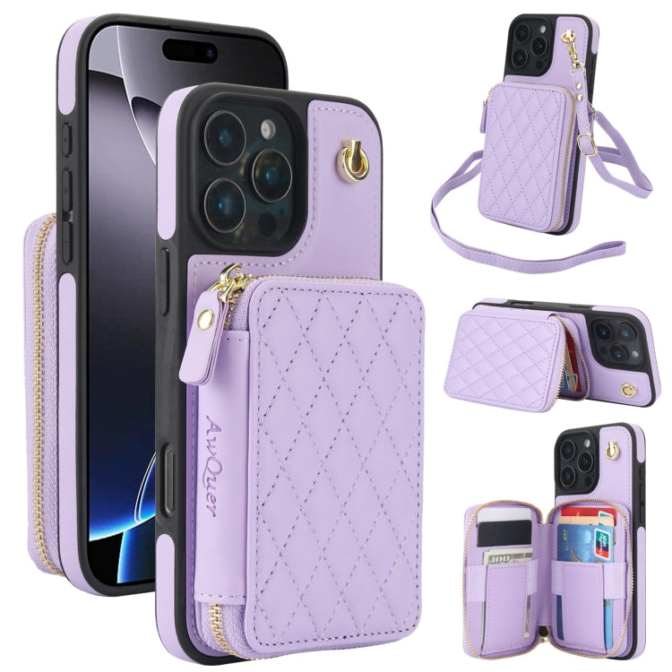 AwQuer Crossbody Zipper Wallet Rhombic Leather Back Phone Case, For iPhone 16 Pro Max, For iPhone 16 Pro, For iPhone 16 Plus