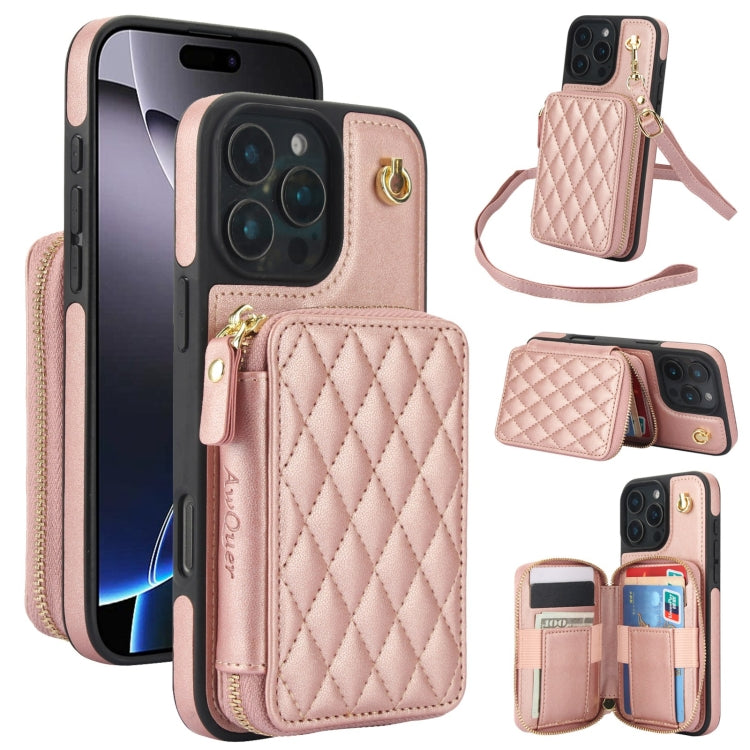 AwQuer Crossbody Zipper Wallet Rhombic Leather Back Phone Case, For iPhone 16 Pro Max, For iPhone 16 Pro, For iPhone 16 Plus