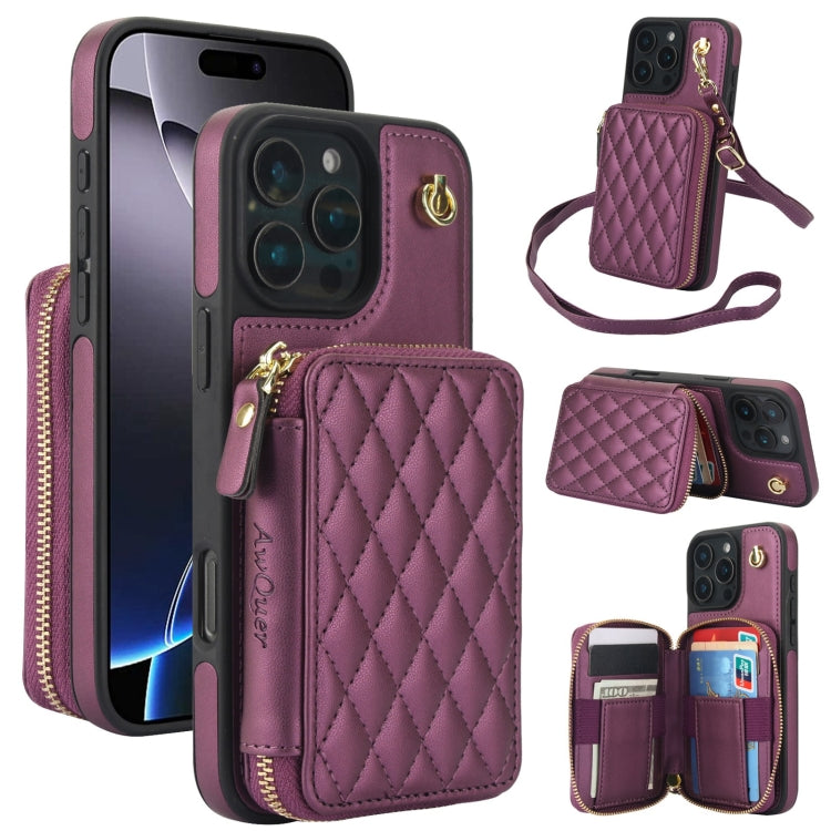 AwQuer Crossbody Zipper Wallet Rhombic Leather Back Phone Case, For iPhone 16 Pro Max, For iPhone 16 Pro, For iPhone 16 Plus