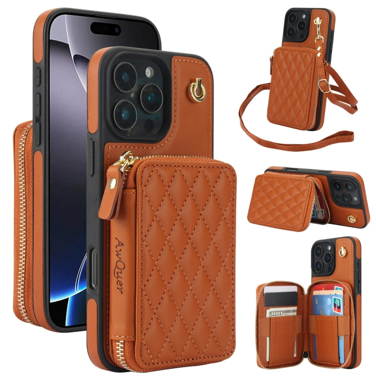 AwQuer Crossbody Zipper Wallet Rhombic Leather Back Phone Case, For iPhone 16 Pro Max, For iPhone 16 Pro, For iPhone 16 Plus