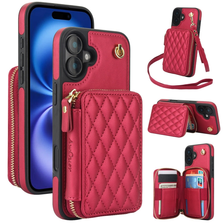 AwQuer Crossbody Zipper Wallet Rhombic Leather Back Phone Case, For iPhone 16 Pro Max, For iPhone 16 Pro, For iPhone 16 Plus