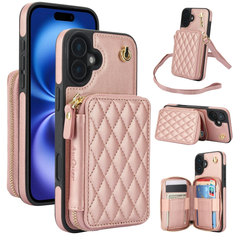 AwQuer Crossbody Zipper Wallet Rhombic Leather Back Phone Case, For iPhone 16 Pro Max, For iPhone 16 Pro, For iPhone 16 Plus