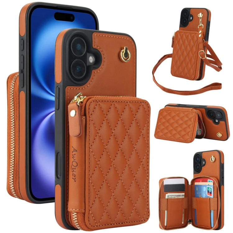 AwQuer Crossbody Zipper Wallet Rhombic Leather Back Phone Case, For iPhone 16 Pro Max, For iPhone 16 Pro, For iPhone 16 Plus