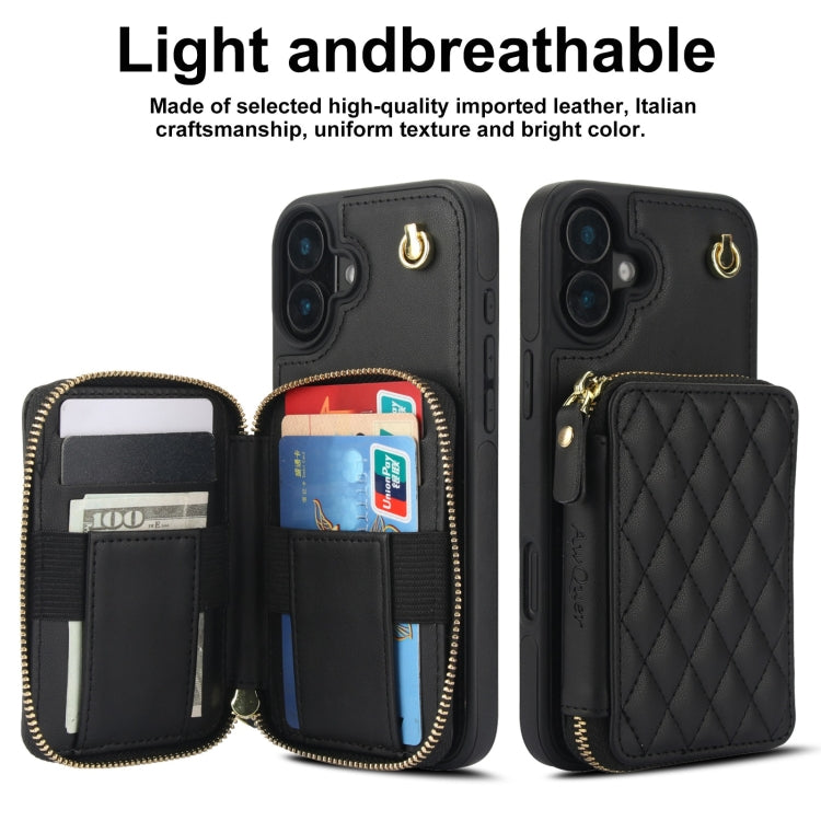 AwQuer Crossbody Zipper Wallet Rhombic Leather Back Phone Case, For iPhone 16, For iPhone 15 Pro Max, For iPhone 15 Pro