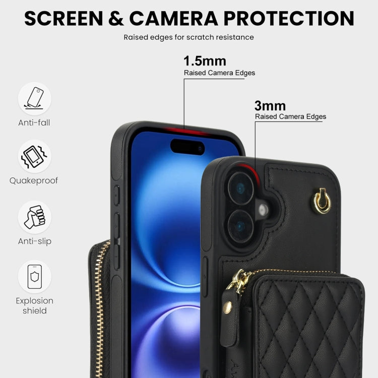 AwQuer Crossbody Zipper Wallet Rhombic Leather Back Phone Case, For iPhone 16, For iPhone 15 Pro Max, For iPhone 15 Pro