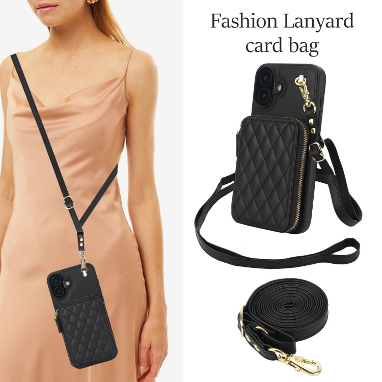 AwQuer Crossbody Zipper Wallet Rhombic Leather Back Phone Case, For iPhone 16, For iPhone 15 Pro Max, For iPhone 15 Pro