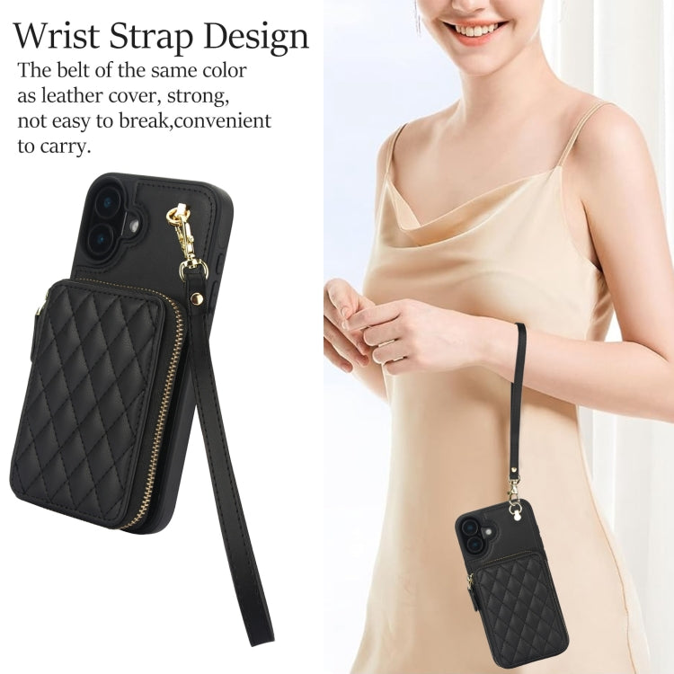 AwQuer Crossbody Zipper Wallet Rhombic Leather Back Phone Case, For iPhone 16, For iPhone 15 Pro Max, For iPhone 15 Pro