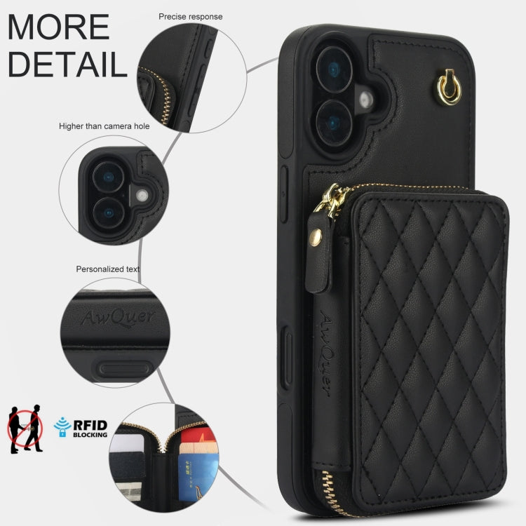 AwQuer Crossbody Zipper Wallet Rhombic Leather Back Phone Case, For iPhone 16, For iPhone 15 Pro Max, For iPhone 15 Pro