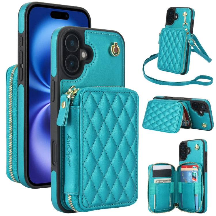 AwQuer Crossbody Zipper Wallet Rhombic Leather Back Phone Case, For iPhone 16, For iPhone 15 Pro Max, For iPhone 15 Pro
