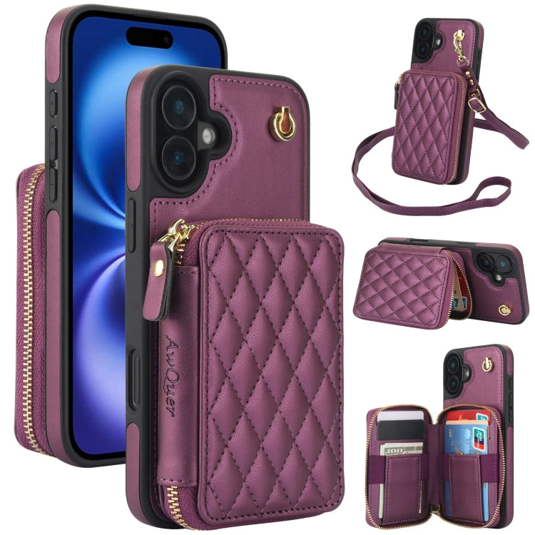 AwQuer Crossbody Zipper Wallet Rhombic Leather Back Phone Case, For iPhone 16, For iPhone 15 Pro Max, For iPhone 15 Pro