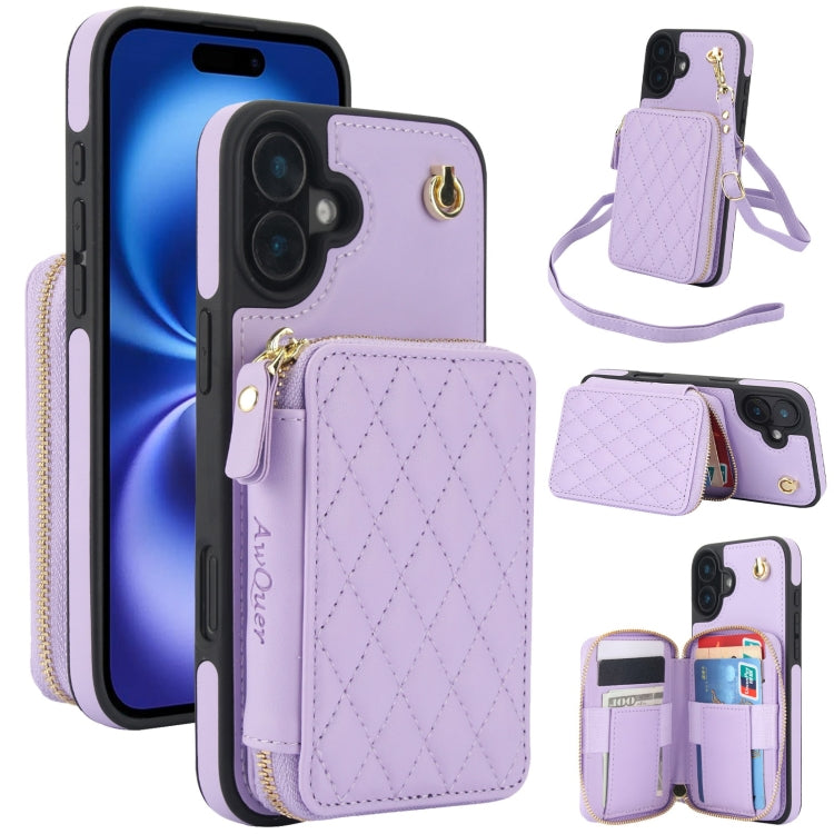 AwQuer Crossbody Zipper Wallet Rhombic Leather Back Phone Case, For iPhone 16, For iPhone 15 Pro Max, For iPhone 15 Pro