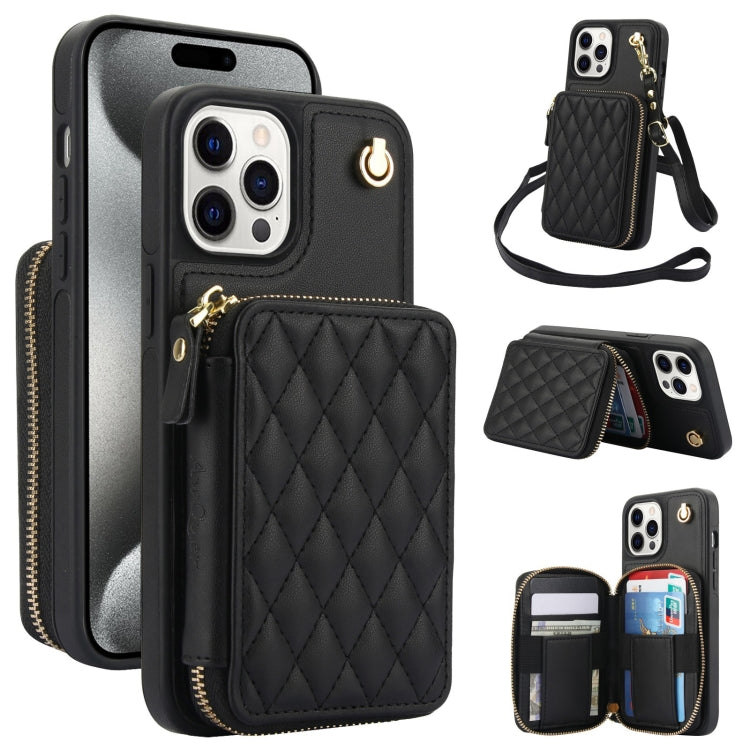 AwQuer Crossbody Zipper Wallet Rhombic Leather Back Phone Case, For iPhone 16, For iPhone 15 Pro Max, For iPhone 15 Pro