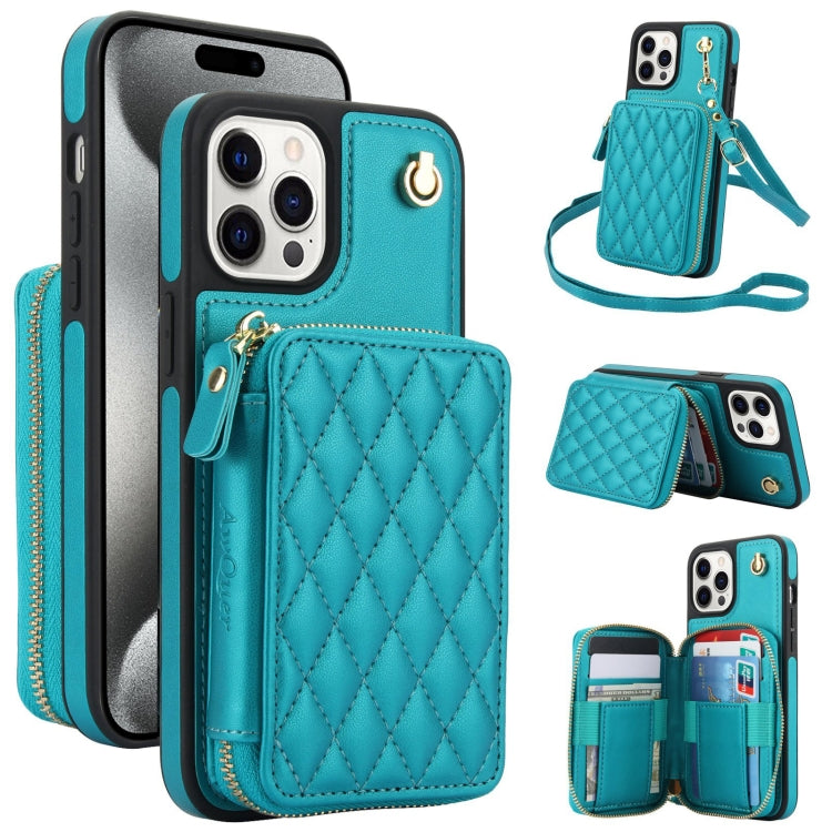 AwQuer Crossbody Zipper Wallet Rhombic Leather Back Phone Case, For iPhone 16, For iPhone 15 Pro Max, For iPhone 15 Pro