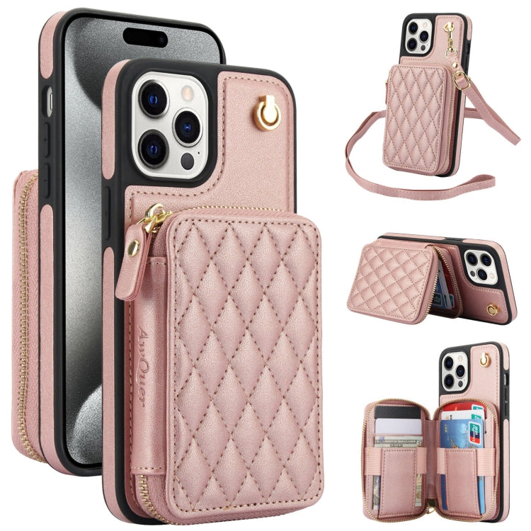 AwQuer Crossbody Zipper Wallet Rhombic Leather Back Phone Case, For iPhone 16, For iPhone 15 Pro Max, For iPhone 15 Pro
