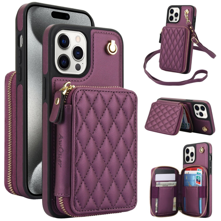 AwQuer Crossbody Zipper Wallet Rhombic Leather Back Phone Case, For iPhone 16, For iPhone 15 Pro Max, For iPhone 15 Pro