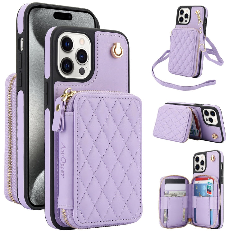 AwQuer Crossbody Zipper Wallet Rhombic Leather Back Phone Case, For iPhone 16, For iPhone 15 Pro Max, For iPhone 15 Pro