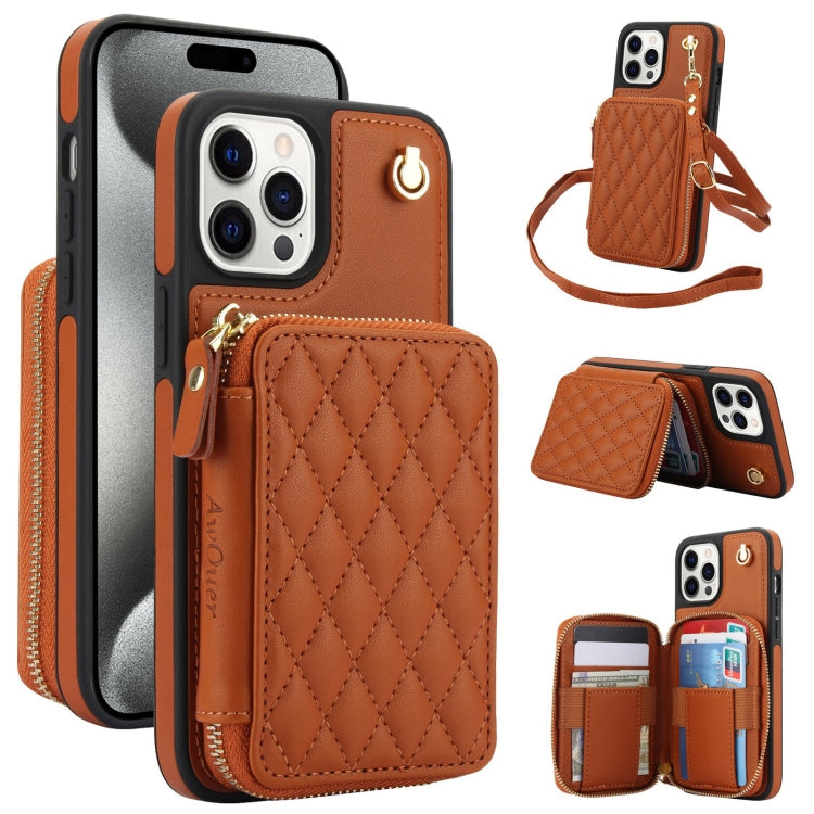 AwQuer Crossbody Zipper Wallet Rhombic Leather Back Phone Case, For iPhone 16, For iPhone 15 Pro Max, For iPhone 15 Pro