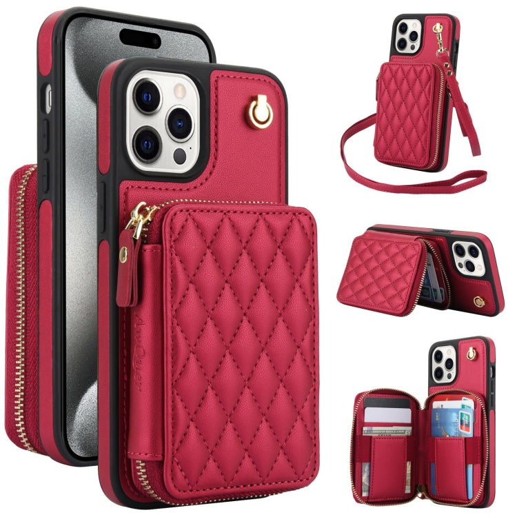 AwQuer Crossbody Zipper Wallet Rhombic Leather Back Phone Case, For iPhone 16, For iPhone 15 Pro Max, For iPhone 15 Pro
