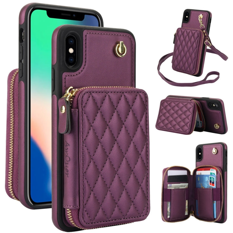 AwQuer Crossbody Zipper Wallet Rhombic Leather Back Phone Case, For iPhone XR, For iPhone XS Max, For iPhone 7 Plus / 8 Plus