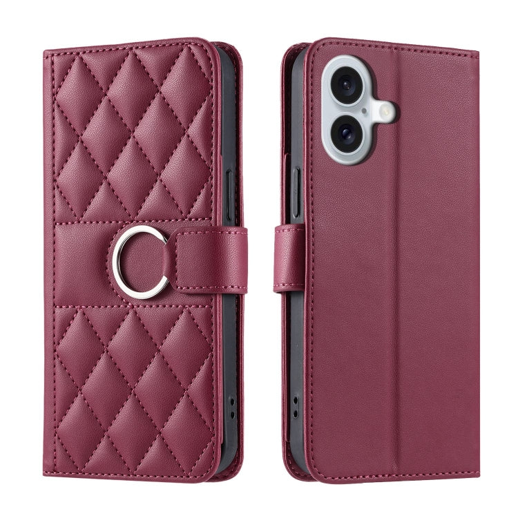 Ring Buckle Rhombic Leather Phone Case, For iPhone 16e, For iPhone 16 Pro Max, For iPhone 16 Pro, For iPhone 16 Plus