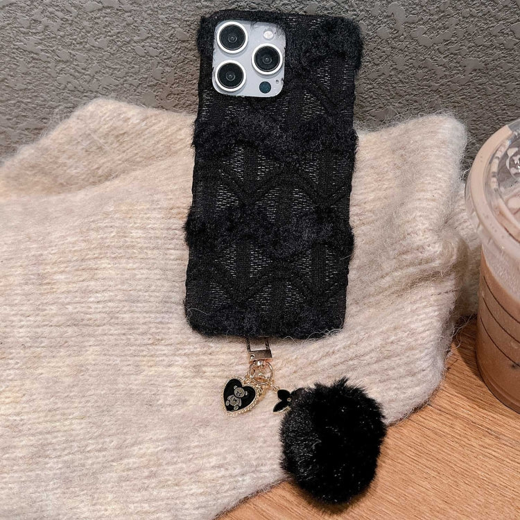W-texture Plush PU Hybrid PC Phone Case with Doll Keychain, For iPhone 13 Pro Max, For iPhone 13 Pro, For iPhone 13