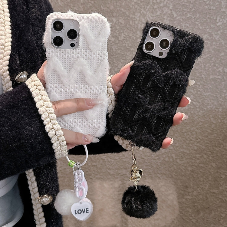 W-texture Plush PU Hybrid PC Phone Case with Doll Keychain, For iPhone 13 Pro Max, For iPhone 13 Pro, For iPhone 13