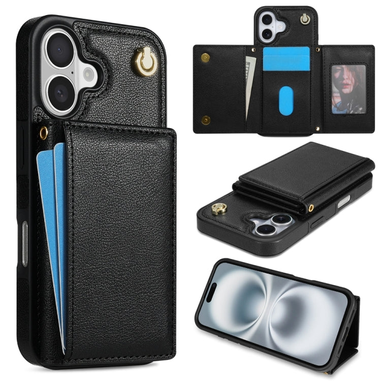 Three Fold Card Bag Phone Case with Long Lanyard, For iPhone 16 Pro Max, For iPhone 16 Pro, For iPhone 16 Plus, For iPhone 16