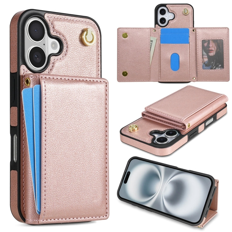 Three Fold Card Bag Phone Case with Long Lanyard, For iPhone 16 Pro Max, For iPhone 16 Pro, For iPhone 16 Plus, For iPhone 16