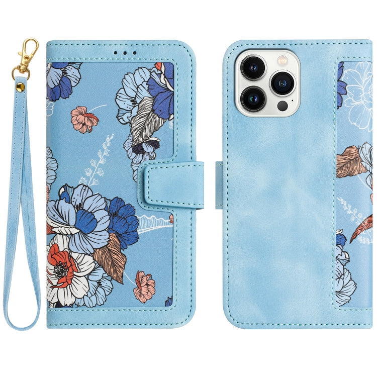 Floral Pattern Leather Phone Case with Lanyard, For iPhone 15, For iPhone 14 Plus, For iPhone 14, For iPhone 14 Pro