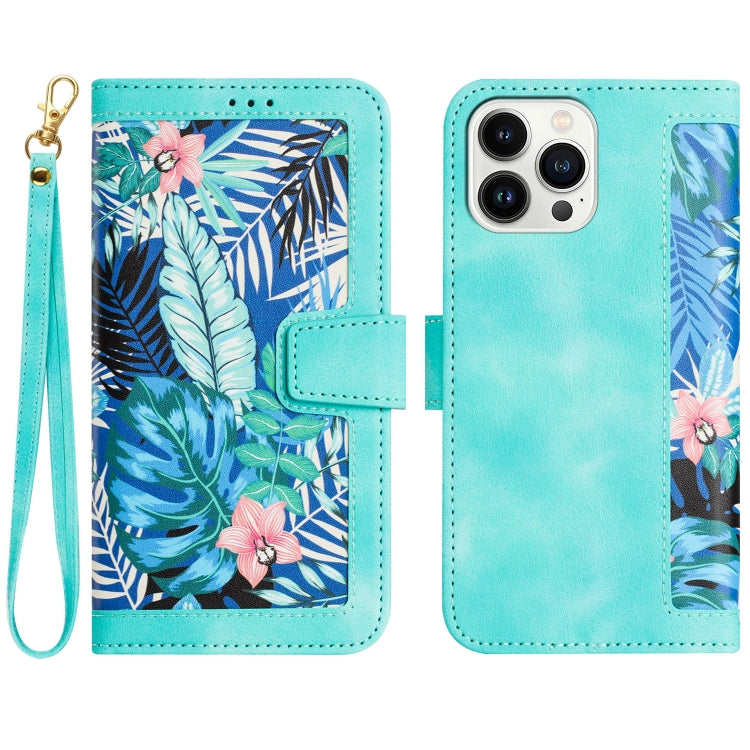 Floral Pattern Leather Phone Case with Lanyard, For iPhone 15, For iPhone 14 Plus, For iPhone 14, For iPhone 14 Pro