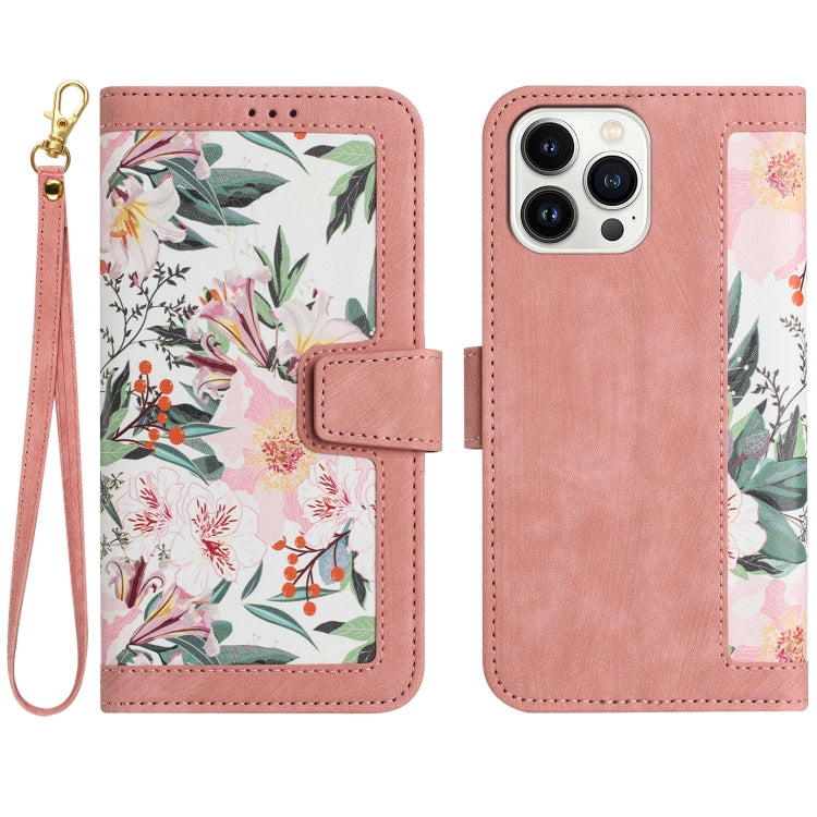 Floral Pattern Leather Phone Case with Lanyard, For iPhone 15, For iPhone 14 Plus, For iPhone 14, For iPhone 14 Pro