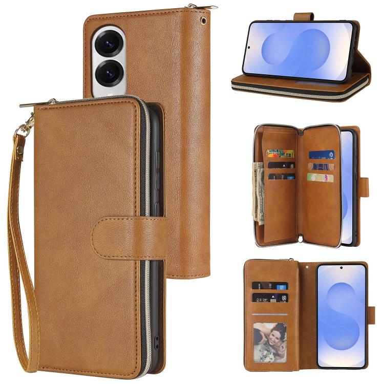 9-Card Slots Zipper Wallet Bag Leather Phone Case, For Samsung Galaxy S25 FE 5G, For Samsung Galaxy S25 Edge 5G, For Samsung Galaxy S25 5G, For Samsung Galaxy S25+ 5G