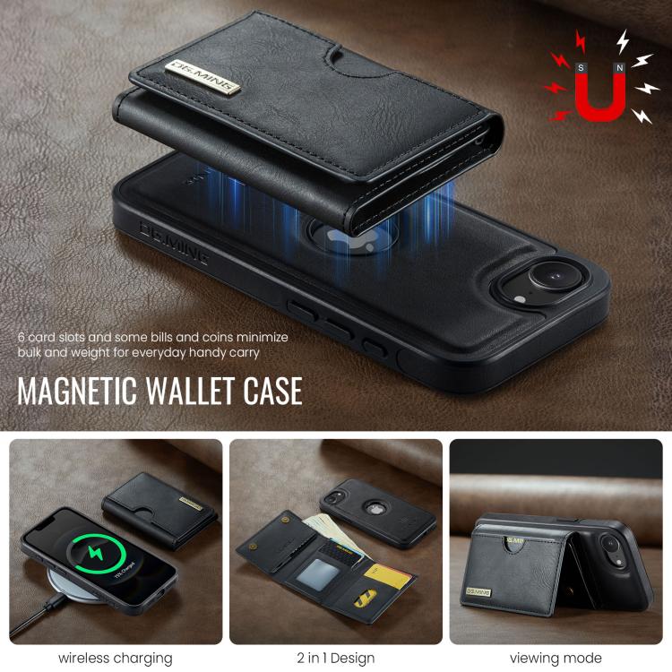 DG.MING M6 Series RFID Tri-fold Card Bag Removable Leather Phone Case, For iPhone 16e, For iPhone 16 Pro Max, For iPhone 16 Pro, For iPhone 16 Plus