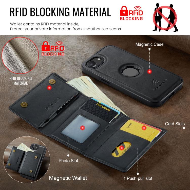 DG.MING M6 Series RFID Tri-fold Card Bag Removable Leather Phone Case, For iPhone 16e, For iPhone 16 Pro Max, For iPhone 16 Pro, For iPhone 16 Plus