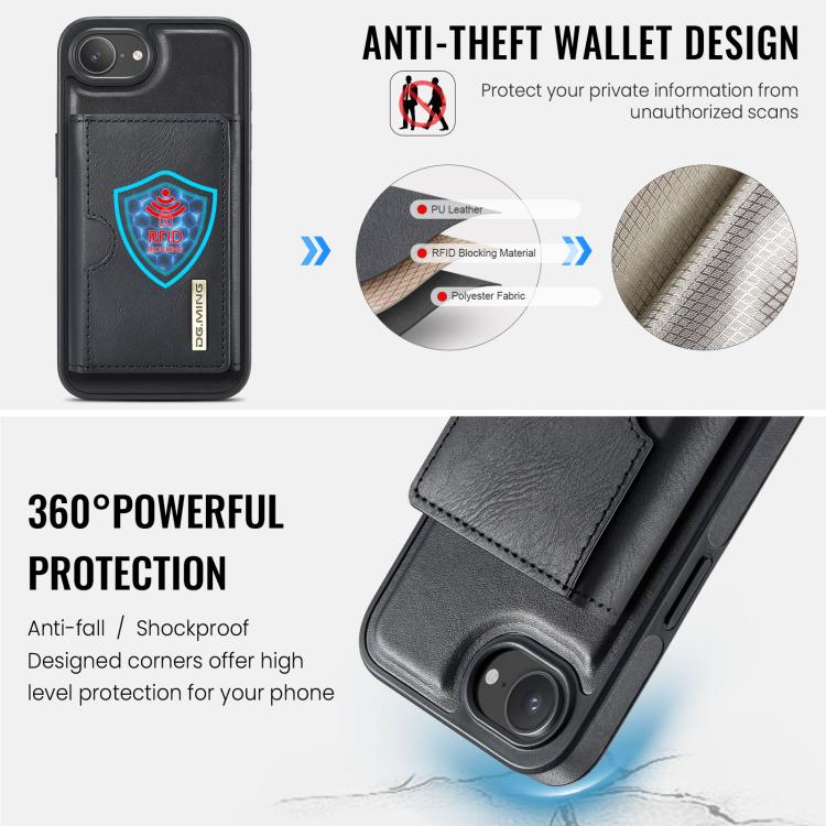 DG.MING M6 Series RFID Tri-fold Card Bag Removable Leather Phone Case, For iPhone 16e, For iPhone 16 Pro Max, For iPhone 16 Pro, For iPhone 16 Plus