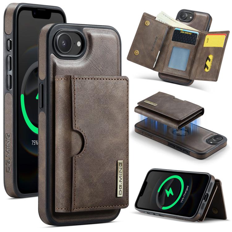 DG.MING M6 Series RFID Tri-fold Card Bag Removable Leather Phone Case, For iPhone 16e, For iPhone 16 Pro Max, For iPhone 16 Pro, For iPhone 16 Plus