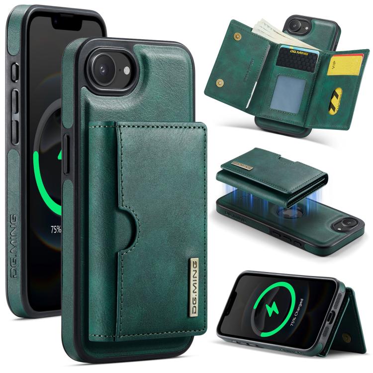DG.MING M6 Series RFID Tri-fold Card Bag Removable Leather Phone Case, For iPhone 16e, For iPhone 16 Pro Max, For iPhone 16 Pro, For iPhone 16 Plus