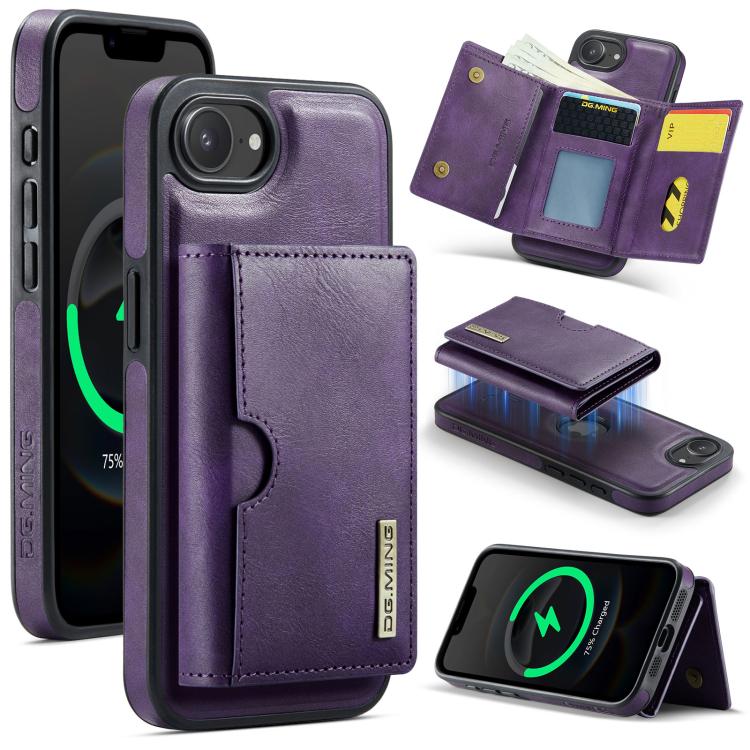 DG.MING M6 Series RFID Tri-fold Card Bag Removable Leather Phone Case, For iPhone 16e, For iPhone 16 Pro Max, For iPhone 16 Pro, For iPhone 16 Plus