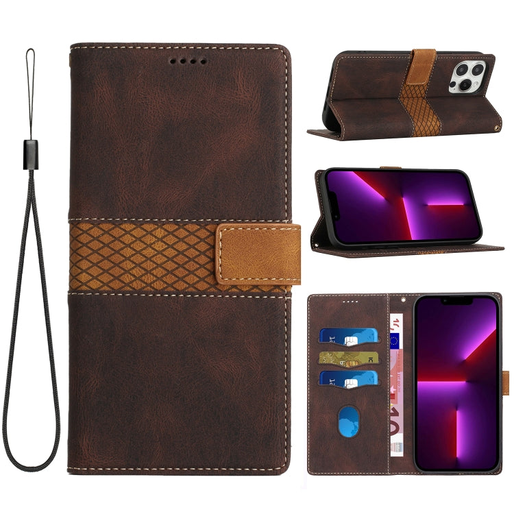 Grid Stitching Leather Phone Case with Lanyard