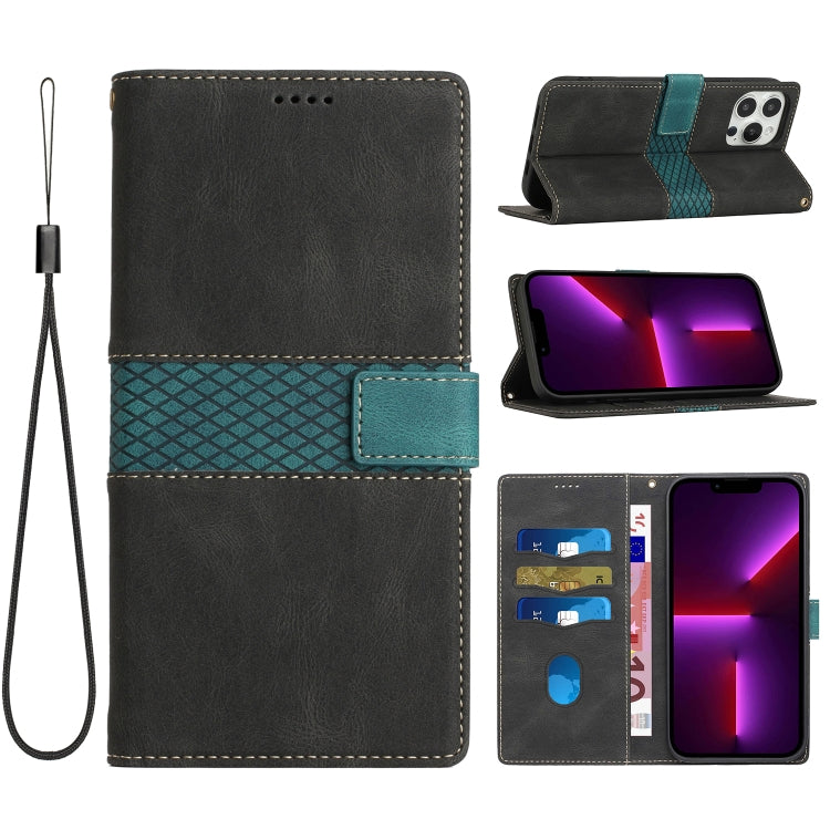 Grid Stitching Leather Phone Case with Lanyard