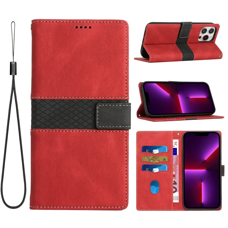Grid Stitching Leather Phone Case with Lanyard