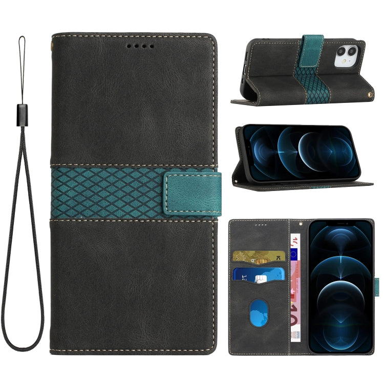 Grid Stitching Leather Phone Case with Lanyard