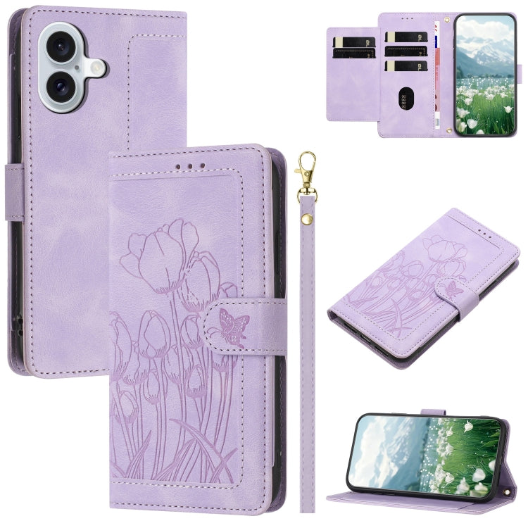 Tulips Embossed Leather Phone Case with Lanyard, iPhone 16e, For iPhone 16 Pro Max, For iPhone 16 Pro, For iPhone 16 Plus