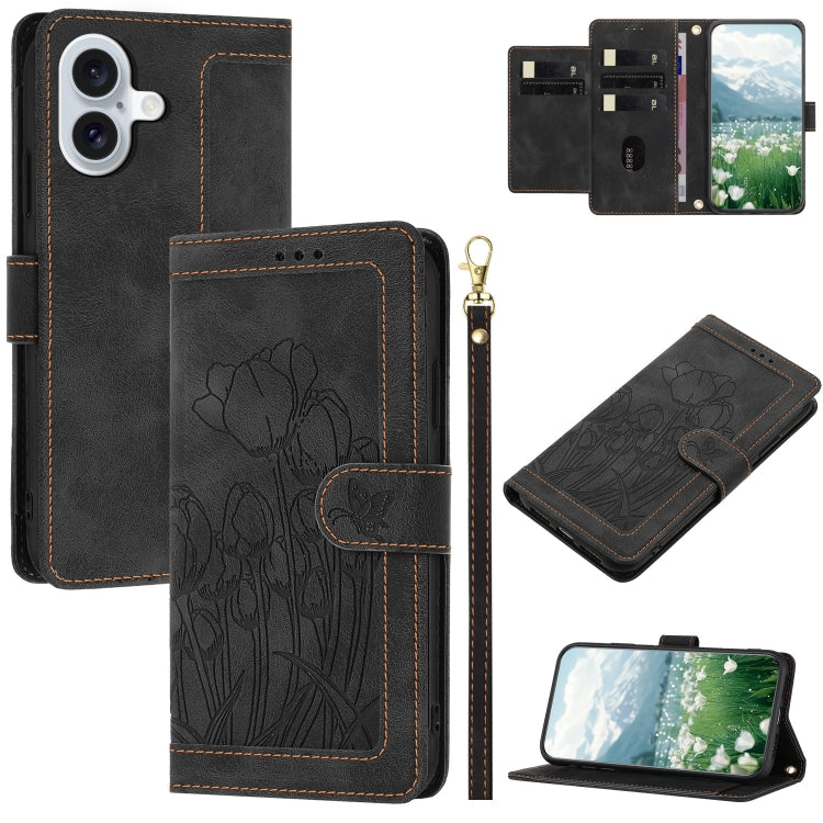 Tulips Embossed Leather Phone Case with Lanyard, iPhone 16e, For iPhone 16 Pro Max, For iPhone 16 Pro, For iPhone 16 Plus
